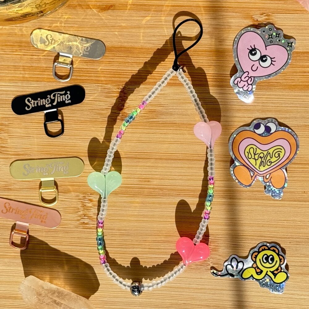 String Ting Iridescent Hearts Beaded Phone Strap Wristlet Japanese Miyuki Beads
